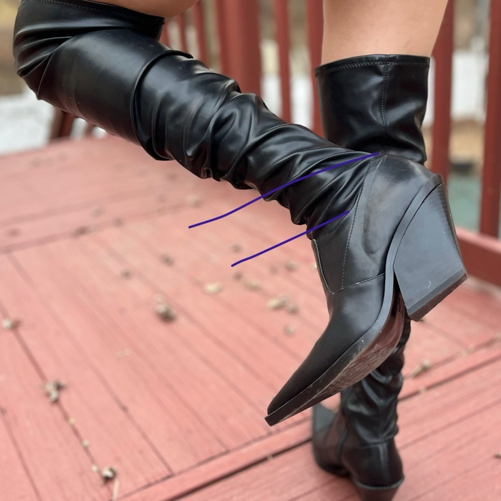 Zara Black Above Knee Boots, Angled Block Heel, Pointed Toe, Zipper, 39 (US 8.5) - Picture 5 of 11